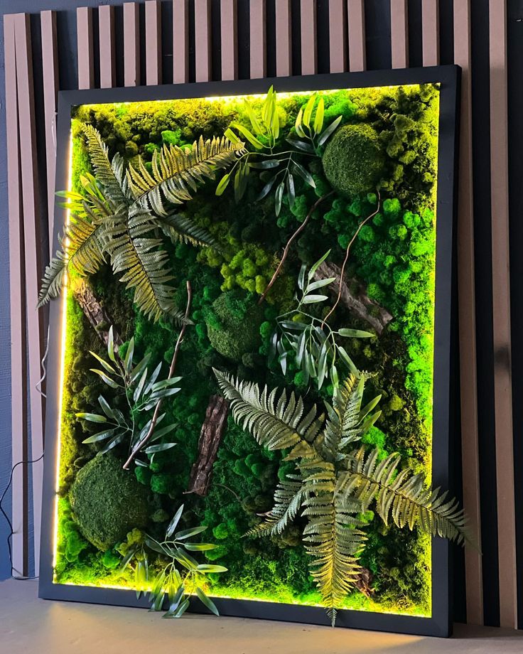 3D Artificial Moss & Botanical Wall Art with LED Lighting (80x80cm)